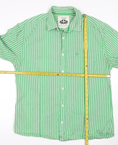Lime Men Green White Striped Cotton Button-Up Shirt XL Long Sleeve
