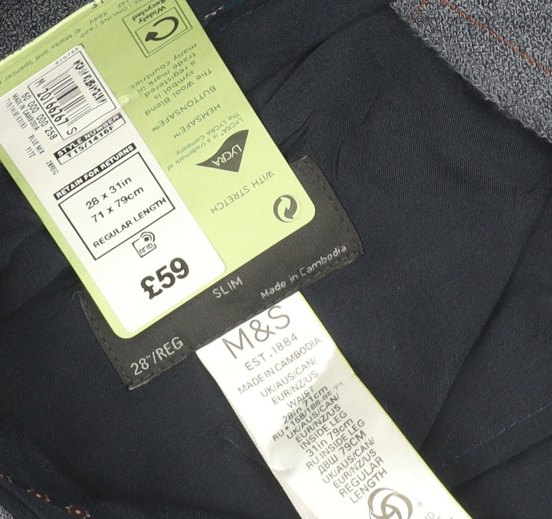 Marks & Spencer Men Blue/Grey Check Slim Fit Dress Trousers 28x31 NWT