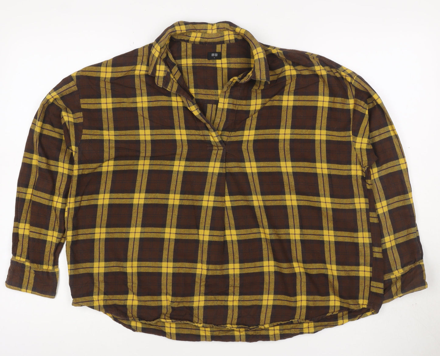 UNIQLO Women’s Brown Yellow Plaid Cotton Flannel Button-Up Shirt Size S