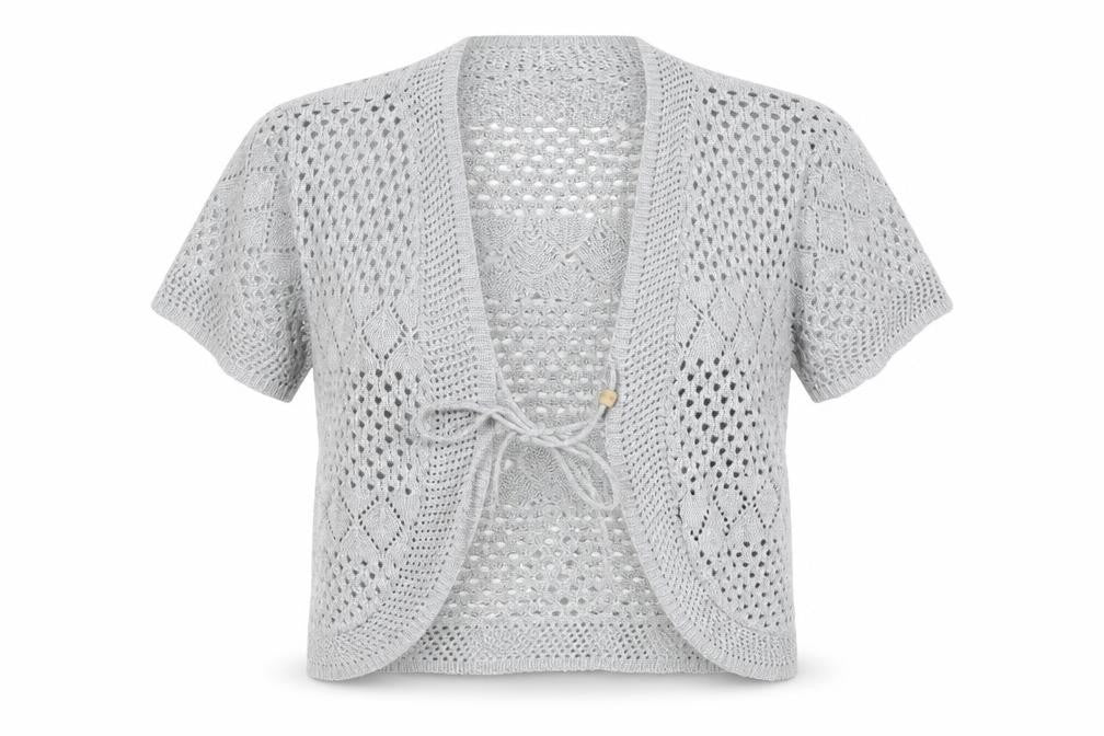 Front view of Chic Women Grey S Open Knit Short Sleeve Boho Tie Cardigan