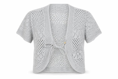Front view of Chic Women Grey S Open Knit Short Sleeve Boho Tie Cardigan