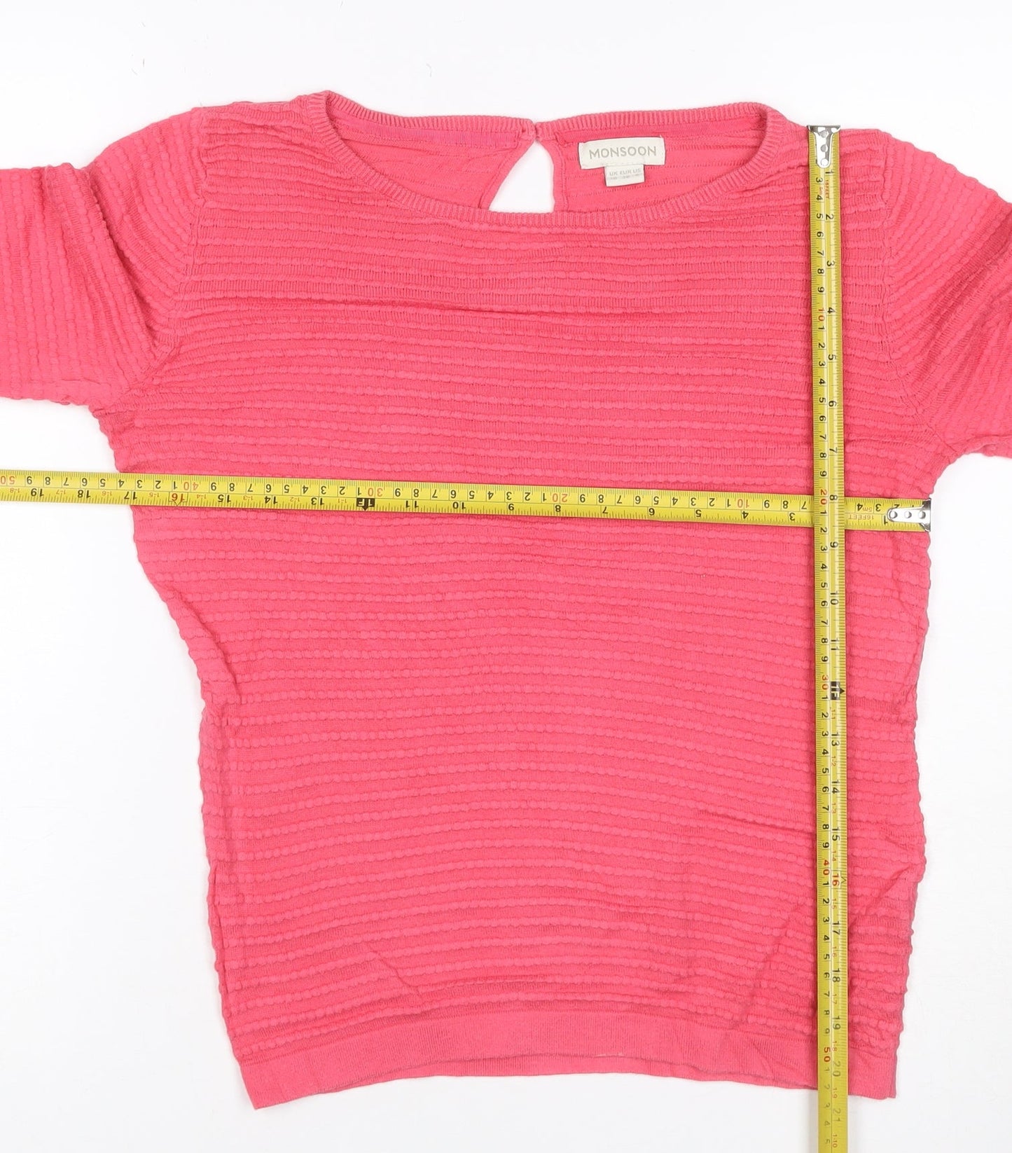 Monsoon Women Pink UK 10 Cotton Textured Knit Crew Neck Jumper