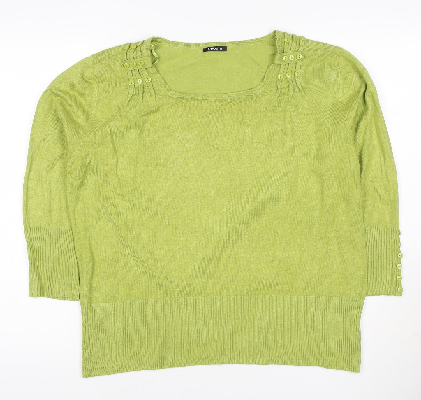 Roman Women Green UK 18 3/4 Sleeve Scoop Neck Button Knit Jumper