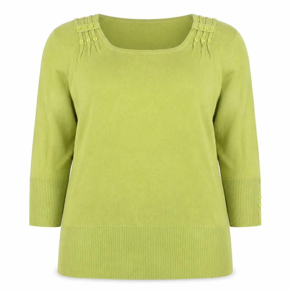 Front view of Roman Women Green UK 18 3/4 Sleeve Scoop Neck Button Knit Jumper
