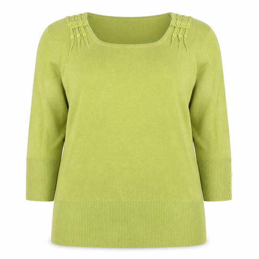 Roman Women Green UK 18 3/4 Sleeve Scoop Neck Button Knit Jumper