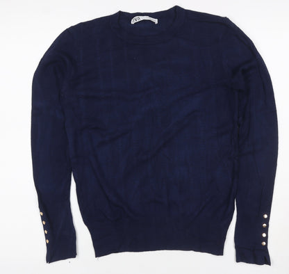 Zara Women Blue UK 12 Pullover Crew Neck Viscose Knit Jumper Button Cuffs