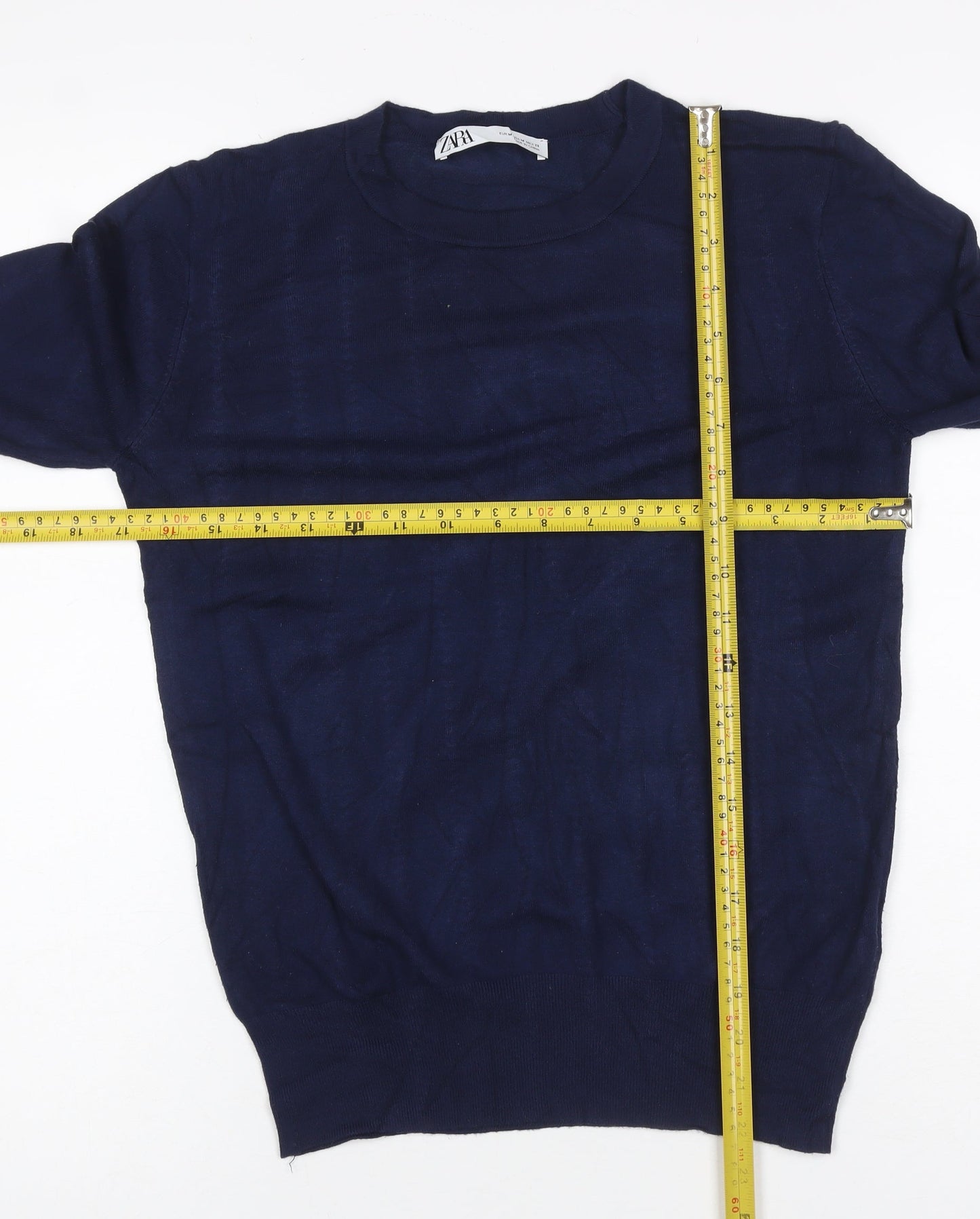 Zara Women Blue UK 12 Pullover Crew Neck Viscose Knit Jumper Button Cuffs