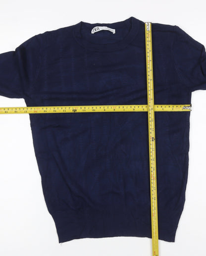Zara Women Blue UK 12 Pullover Crew Neck Viscose Knit Jumper Button Cuffs