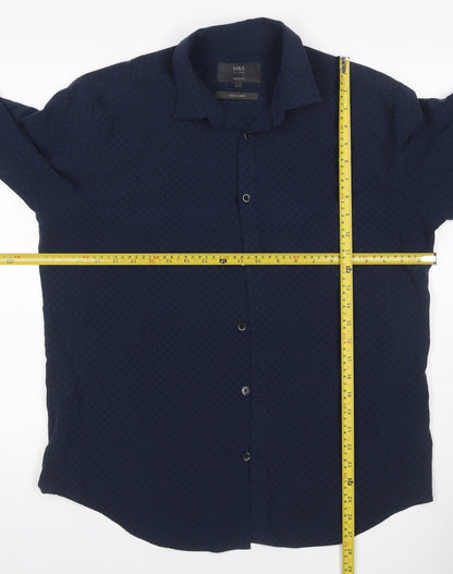 Marks and Spencer Men’s Blue M Regular Geometric Easy Care Shirt