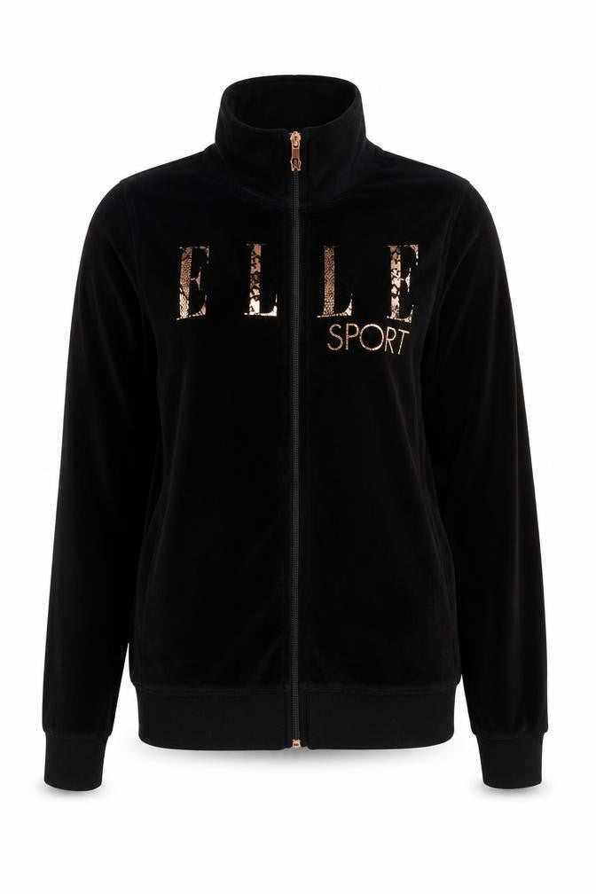 Front view of Elle Sport Women's Black UK 12 Velour Full Zip High Neck Sweatshirt