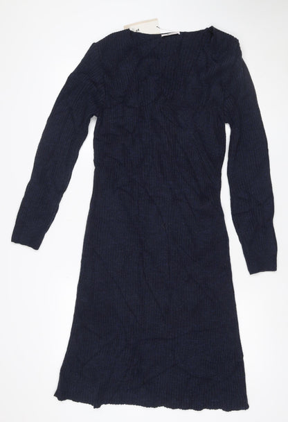 Tu Women Blue Size 16 V-Neck Long Sleeve Ribbed Knit Midi Jumper Dress