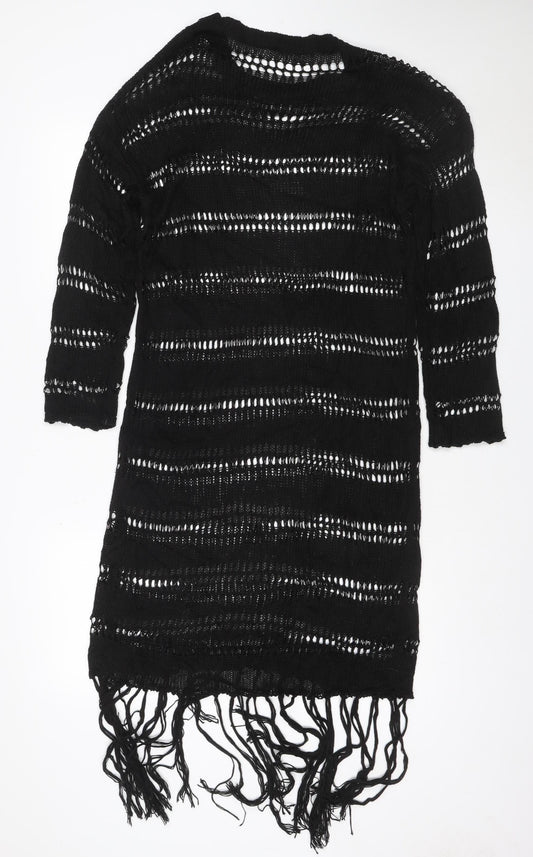 Zara Women Black M Knit Fringe Jumper Dress Long Sleeve Sheer