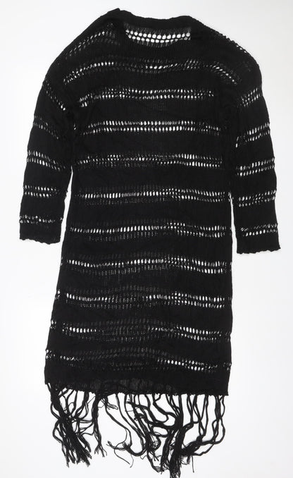 Zara Women Black M Knit Fringe Jumper Dress Long Sleeve Sheer