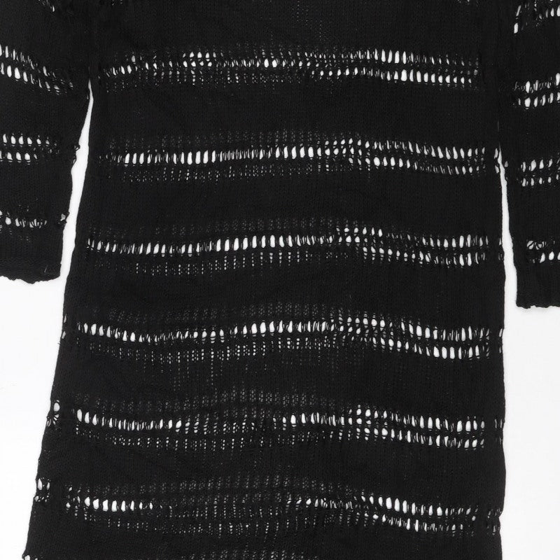 Zara Women Black M Knit Fringe Jumper Dress Long Sleeve Sheer