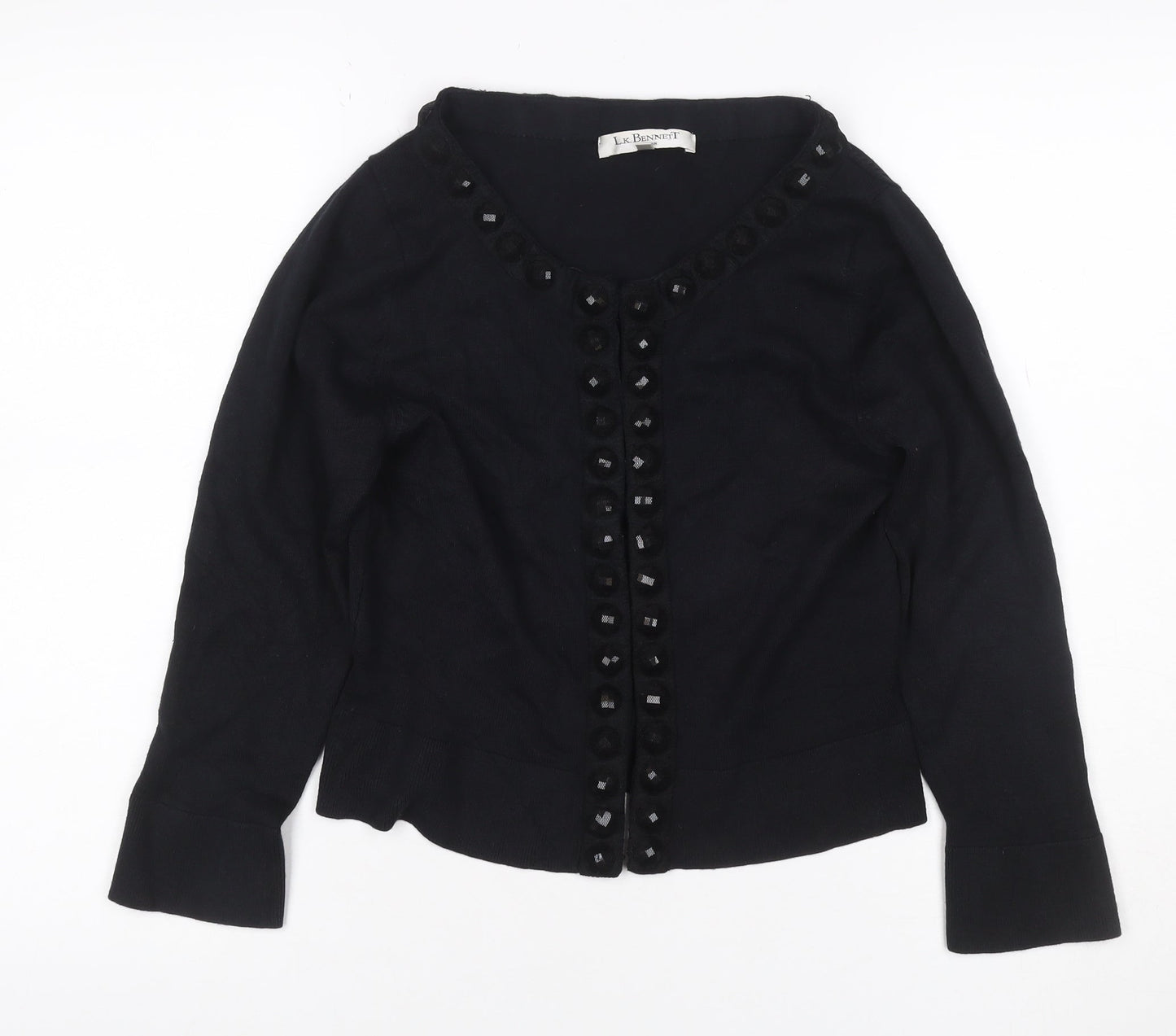 LK Bennett Women Black L Silk Cashmere Button Knit Cardigan