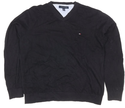 Tommy Hilfiger Men's Black L V-Neck Cotton Logo Pullover Jumper