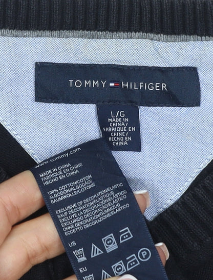 Tommy Hilfiger Men's Black L V-Neck Cotton Logo Pullover Jumper