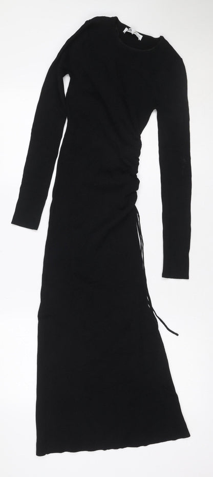 MII Women’s Black S Maxi Bodycon Ribbed Knit Long Sleeve Dress