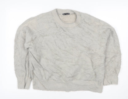 Zara Women’s Grey Fuzzy Cable Knit Crew Neck Jumper Size M