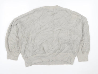 Zara Women’s Grey Fuzzy Cable Knit Crew Neck Jumper Size M