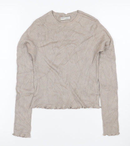 Pull&Bear Women Beige S Ribbed Crew Neck Slim Fit Jumper
