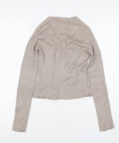 Pull&Bear Women Beige S Ribbed Crew Neck Slim Fit Jumper
