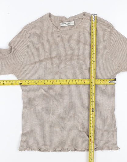 Pull&Bear Women Beige S Ribbed Crew Neck Slim Fit Jumper