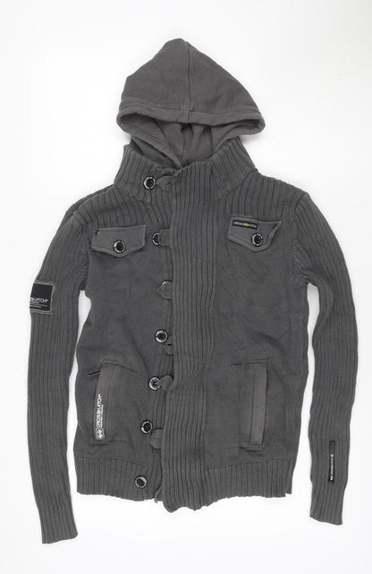 Crosshatch Men’s Grey Small Hooded Knit Military Button Jacket