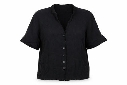 Viyella Women Black UK 16 V-Neck Short Sleeve Button-Up Cotton Blouse