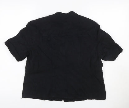 Viyella Women Black UK 16 V-Neck Short Sleeve Button-Up Cotton Blouse