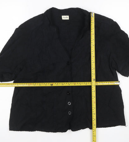 Viyella Women Black UK 16 V-Neck Short Sleeve Button-Up Cotton Blouse