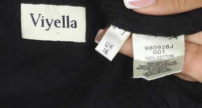 Viyella Women Black UK 16 V-Neck Short Sleeve Button-Up Cotton Blouse