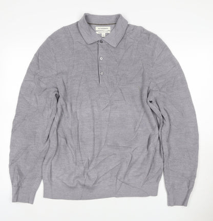 Autograph Men Grey L Merino Wool Blend Collared Henley Jumper