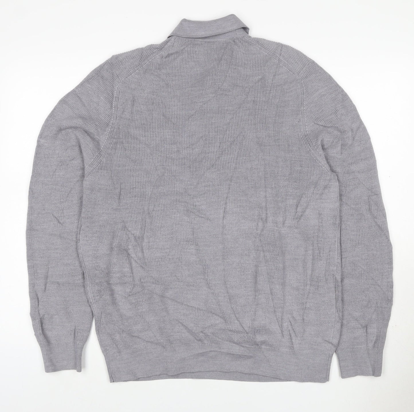 Autograph Men Grey L Merino Wool Blend Collared Henley Jumper