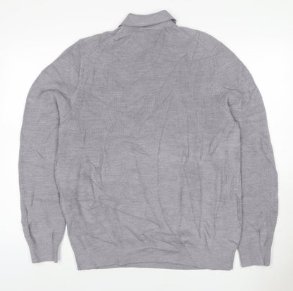 Autograph Men Grey L Merino Wool Blend Collared Henley Jumper