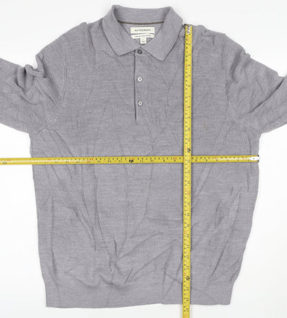 Autograph Men Grey L Merino Wool Blend Collared Henley Jumper
