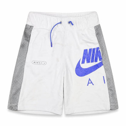 Front view of Nike boys’ white grey blue air athletic shorts l 147-158cm mesh drawstring