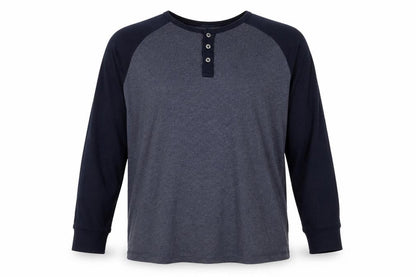 Easy Men’s XXL Grey Navy Colourblock Henley Long Sleeve T-Shirt