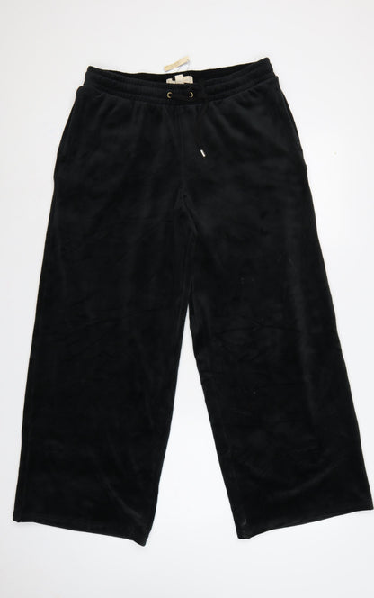 M&S Women Black UK 12 Flexifit Wide-Leg Velvet Drawstring Trousers