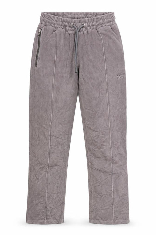 Front view of boohooMAN Men’s Grey Velvet Jogger Trousers XS Drawstring Zip Pockets