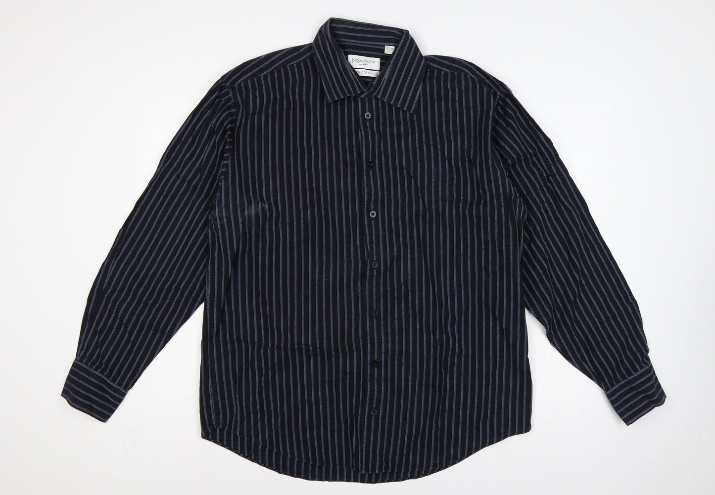 Yves Saint Laurent Men Black Blue Striped Cotton Long Sleeve Shirt L