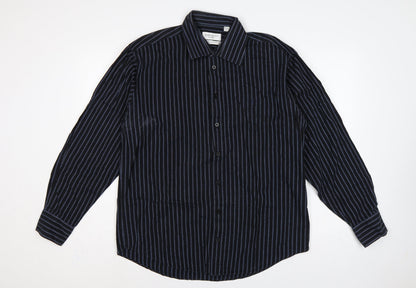 Yves Saint Laurent Men Black Blue Striped Cotton Long Sleeve Shirt L