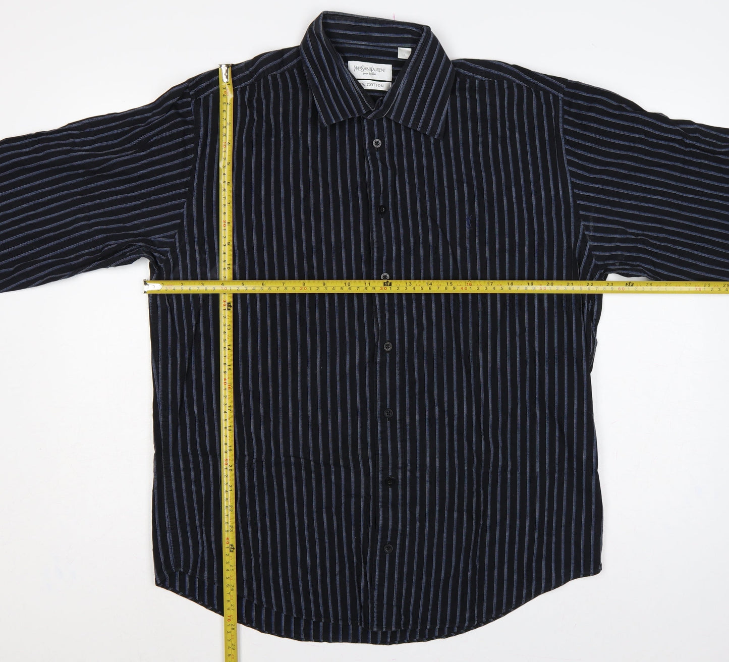 Yves Saint Laurent Men Black Blue Striped Cotton Long Sleeve Shirt L