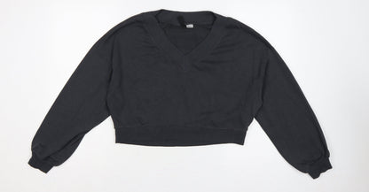 H&M Divided Women Black XS Cropped V-Neck Balloon Sleeve Sweatshirt