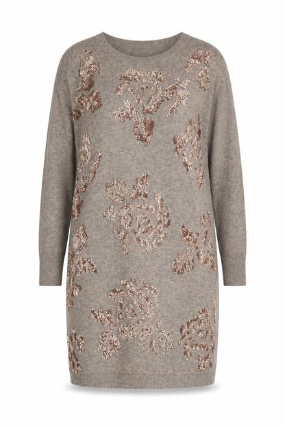 Monsoon Women Grey M Jumper Dress Floral Beaded Knit Long Sleeve
