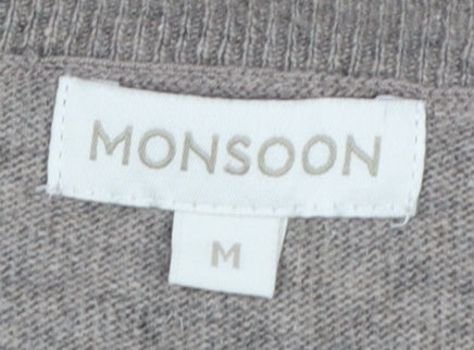 Monsoon Women Grey M Jumper Dress Floral Beaded Knit Long Sleeve