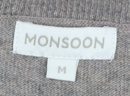 Monsoon Women Grey M Jumper Dress Floral Beaded Knit Long Sleeve