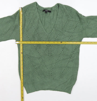 Next Women Green XS V-Neck Balloon Sleeve Knitted Pullover Jumper