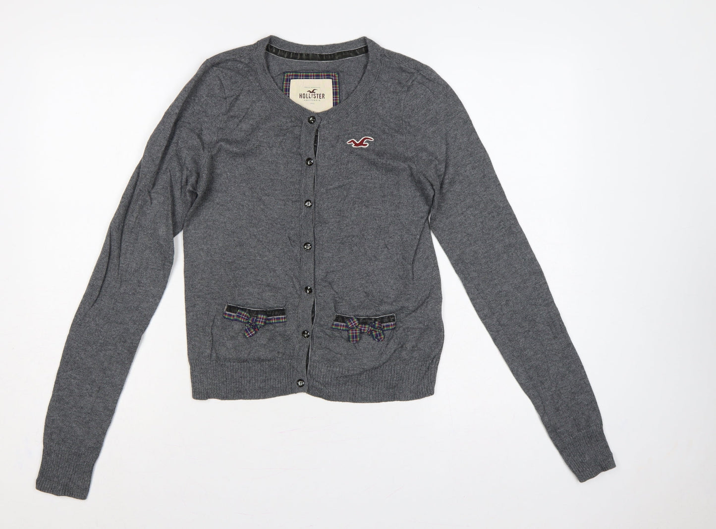 Hollister Women Grey M Button Cardigan Bow Logo Cotton Knit