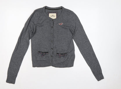 Hollister Women Grey M Button Cardigan Bow Logo Cotton Knit